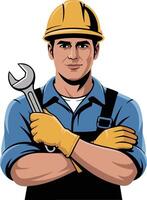 A man in a hard hat and overalls holding a wrench vector