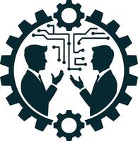Two men in business suits talking in front of a gear wheel vector