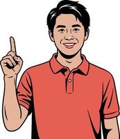 A man in a red shirt is pointing his finger up vector