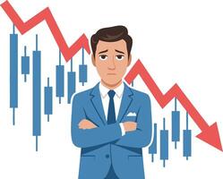 A man in a suit standing in front of a chart with an arrow pointing down vector