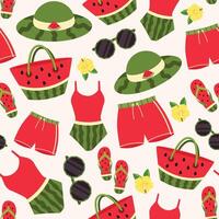 Summer beach seamless pattern background. Beach holiday background with swimsuits, hat, sunglasses, flip flop and hibiscus vector