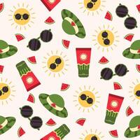 Summer seamless pattern background. Beach background with the sun, hat, sunglasses, sunblock and watermelon slice for tropical vacation vector
