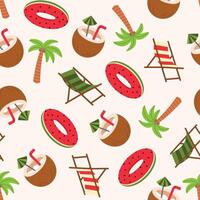Summer beach seamless pattern background. Beach vacation background with coconut drink, palm tree, floater and beach chair vector