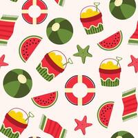 Summer beach seamless pattern background. Beach vacation background with watermelon, sea star, beach ball, beach towel and sand bucket vector