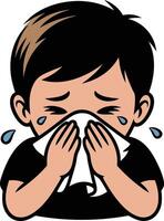 A boy blowing his nose with a tissue vector