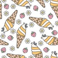 Retro soft ice cream seamless pattern on strawberry and flower background vector