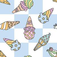 Seamless pattern with different types of retro soft ice cream on blue checkered background vector