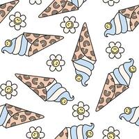 Summer retro soft ice cream in a waffle cones seamless pattern with smile face flower on white background vector