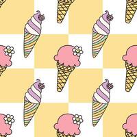 Summer retro soft ice cream seamless pattern on pastel orange checkered background vector