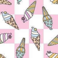 Mix retro soft ice cream seamless pattern on pink checkered background vector