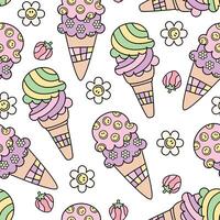 Retro ice cream in a cone seamless pattern with strawberry and smile face flower on white background vector