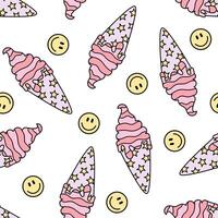 Retro soft ice cream in a waffle cone seamless pattern with smile face on white background vector