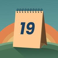 Flat illustration of a standing desk calendar showing the number 19, set against a colorful retro background, representing a date reminder or important deadline in vintage style vector