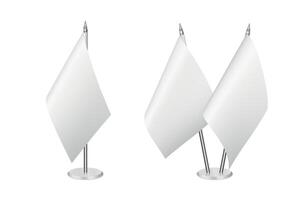 Blank Table Flags Set. Realistic White Fabric and Metal Stand. Isolated Desk Flag Mockup for Country Symbols, Corporate Branding, Event Decoration, Diplomatic Design vector