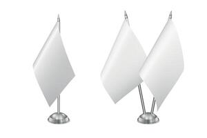 White Blank Table Flags Set. Realistic White Fabric and Metal Stand. Isolated Desk Flag Mockup for Country Symbols, Corporate Branding, Event Decoration, Diplomatic Design vector