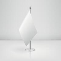 Realistic White Table Flag Mockup with Metal Stand on Minimal Background, Template for Country Symbol, Corporate Branding, Conference Decoration or Political Meeting Design vector