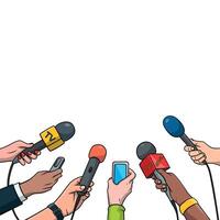 Press Conference Illustration with Reporters Hands Holding Microphones and Smartphone. Interview Frame Template for News, Media, Journalism, TV Broadcast and Live Interview Design vector
