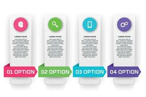 Infographics template with four options in material design style. It can be used as a chart, numbered banner, presentation, graph, report, web design vector