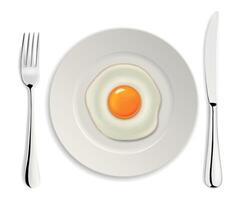 Realistic fried egg icon on a plate with fork and knife. Design template. vector