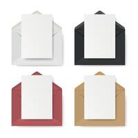 Envelope and Card Mockup Set with Blank Paper Inserts. Realistic Invitation Envelope Design with Kraft, Red, Black, and White Colors for Wedding or Stationery Presentation vector