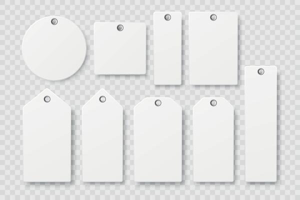 Blank Tag Set. Realistic Price Tag and Gift Tag Templates. Isolated Tag Shapes for Label Design, Clothing Tags, Sale Labels, Gift Packaging, Branding, Shopping, Merchandise, Retail, Promotion