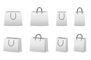 Realistic Shopping Bag Mockup Set. Blank White Shopping Bag Template with Handles in Different Angles. Isolated Shopping Bag Collection for Branding, Packaging, Gift and Fashion Store Design vector