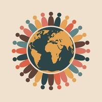 Diverse community around the earth depicting global unity and human connection in retro style vector