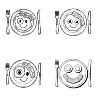Playful black and white illustration of smiling breakfast plates with eggs and bacon vector