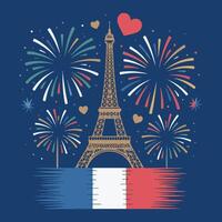 Festive illustration of the eiffel tower with fireworks and french flag on dark blue background vector