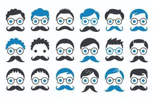Collection of stylized men's faces with glasses and various mustache styles for design. vector