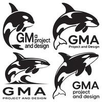 Monochrome orca whale designs with company logos for graphic design and branding projects vector