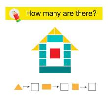 Math activity. How many geometric shapes Cartoon house. vector