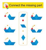 Connect the missing part. Task for the development of attention and logic. Cartoon paper boat. vector