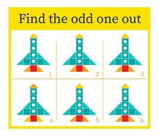 Puzzle game for children. Task for development of attention and logic. Cartoon rocket. vector
