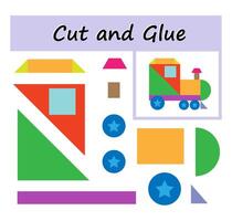Cut parts of the image and glue on the paper. DIY worksheet. illustration of locomotive from geometric shapes. vector
