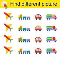 Logic game for children. Find different picture. illustration of the truck, car, rocket, train. vector