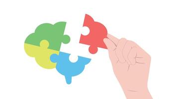 A hand holds a red puzzle piece approaching a multicolored brain-shaped puzzle with missing space on a white background vector