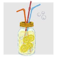 a drawing of a jar with lemonade and straws vector