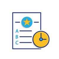education icon. Quiz. Question sheet with choices A, B, C, D and a small clock icon. smart, learning, clever. Mixed design style vector