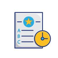 education icon. Quiz. Question sheet with choices A, B, C, D and a small clock icon. smart, learning, clever. isometric design style vector