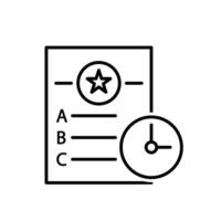 education icon. Quiz. Question sheet with choices A, B, C, D and a small clock icon. smart, learning, clever. Outline design style vector
