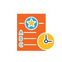 education icon. Quiz. Question sheet with choices A, B, C, D and a small clock icon. smart, learning, clever. Flat design style vector