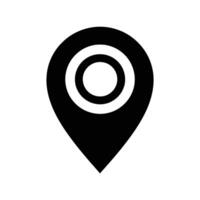 A black location pin icon is centered on a white background, featuring concentric circles within the pin's head. vector