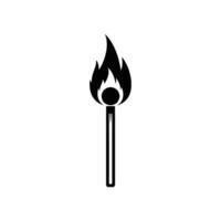 A minimalist graphic design featuring a lit matchstick, depicted as a black silhouette against a white backdrop. The flame is stylized. vector