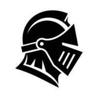A bold black silhouette of a knight's helmet, featuring a closed visor and a distinctive crest, set against a clean white background. vector