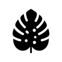 A simple, bold black silhouette of a Monstera deliciosa leaf, isolated on a white background. The image is centered and features a flat design. vector