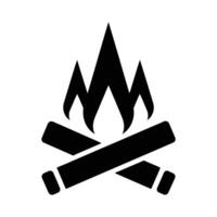 A black and white graphic icon depicts a bonfire with crossed logs and stylized flames, set against a plain white background. vector