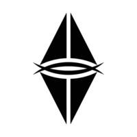 A stylized black diamond shape, bisected vertically, features a curved eye symbol at its center against a white background. vector