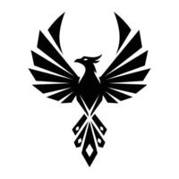 A black silhouette of a phoenix with stylized wings and geometric tail feathers, centered on a white background. vector
