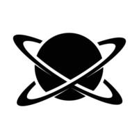 A bold, black graphic depicts a circle encircled by two intersecting curved lines, suggesting planetary rings. Simple, high contrast design. vector